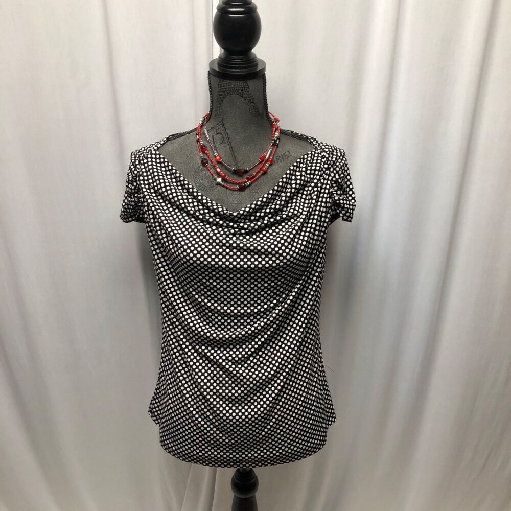 Worthington Black White Polka Dot Stretch Top Womens Size Medium Cowl Neckline